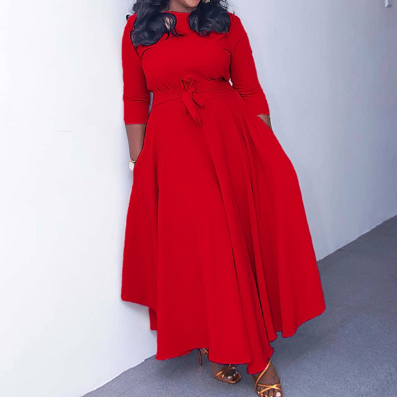 Autumn Winter Plus Size Women Clothes Solid Color Fashion Round Neck Bandage Three Quarter Sleeve Higt Waist Elegant Maxi Dress