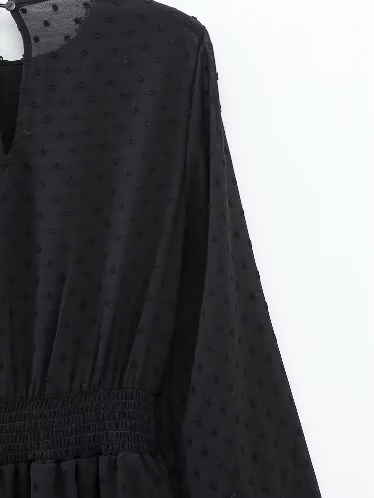 New Spring Women Ruffled Dotted Black  Dress Long Sleeve Elastic Waist Female Vintage Dresses Short Vestidos