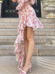 Hoobd Floral Print Spaghetti Strap Dresses Mini Women Sexy Backless Halter Neck Spring Summer Ruffle Casual Beach Dress