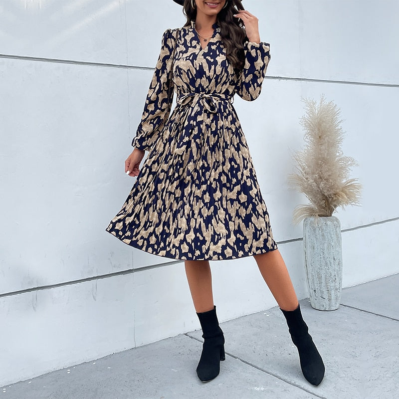 2023 New Fashion Women's Spring Pleated Print V Neck Long Sleeve Dress For Ladies Lace Up High Waist Dresses