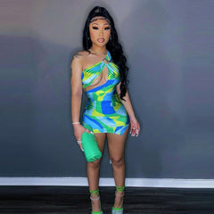 Hoobd Fashion Geometric Print Women Dresses Summer 2023 Club Asymmetrical Cut Out One Shoulder Bodycon Mini Dress D82-BB15