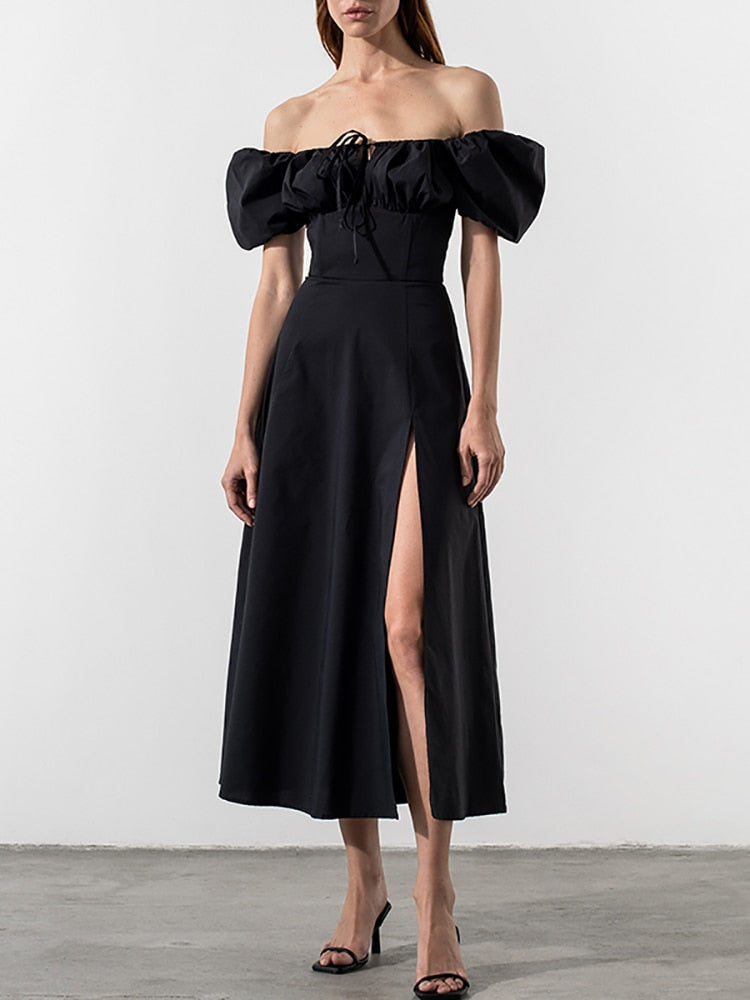 Puff Sleeve White Dress Off Shoulder Cut out Tie up Side Split Ruched Long Dress robe femme Summer Dress for Women