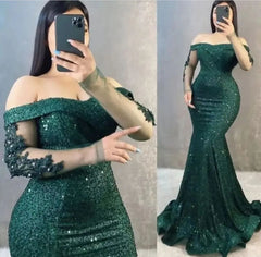 Glitter Burgundy Mermaid Evening Dresses Off the Shoulder Long Sleeves 3D Flowers Party Gowns Women Formal Prom Dress Plus Size