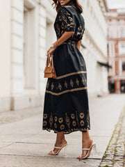 Women Half Open Collar Street Print Long Dress Elegant Button Lace Up High Waist Party Dress New Summer Short Sleeve Shirt Dress