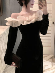 Korean Fashion Velvet Midi Dress Woman Long Sleeve Sexy Dress Elegant Pure Color French Vintage Dress Off Shoudler Design