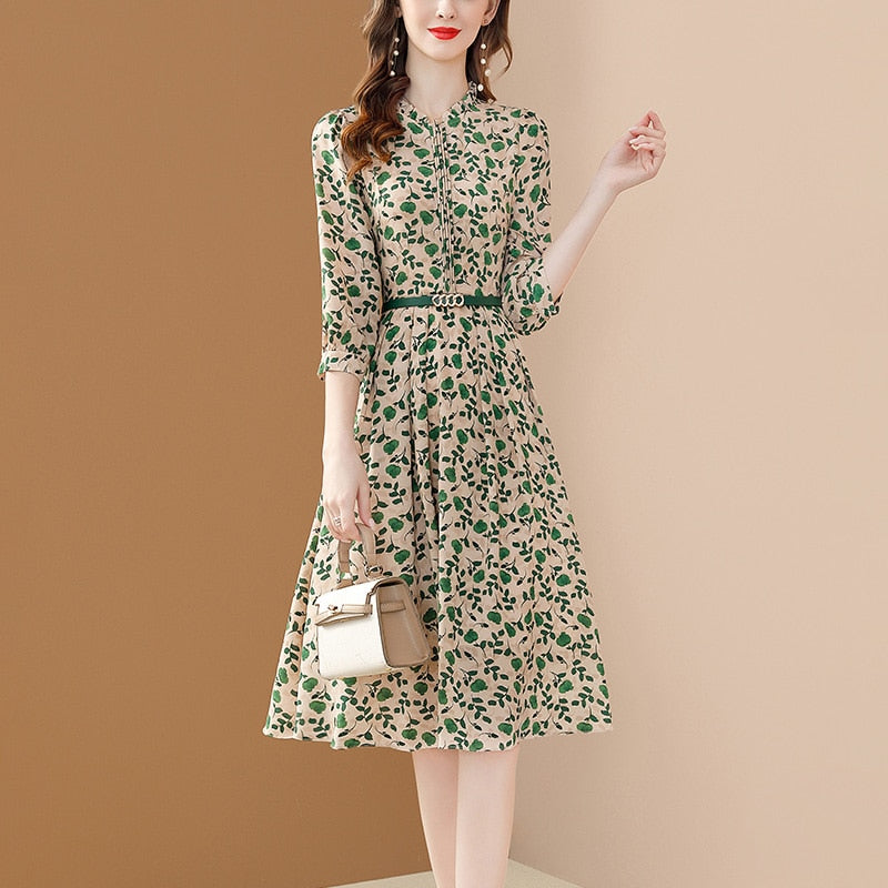 Chiffon Dress Women Puff Sleeve Elegant Big Swing Spring Dresses Slim With Belt  A-line Dresses For Women Party Vestidos