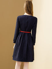 Dress Women 2023 Spring Navy Blue Bird Lattice Elegant Autumn A-line O-neck Slim With Belt Dresses Casual Vestidos