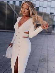 Women Winter Bandage Dress  Sexy V Neck Long Sleeve Cut Out White Diamonds Midi Elegant Evening Party Club Dress Vestidos