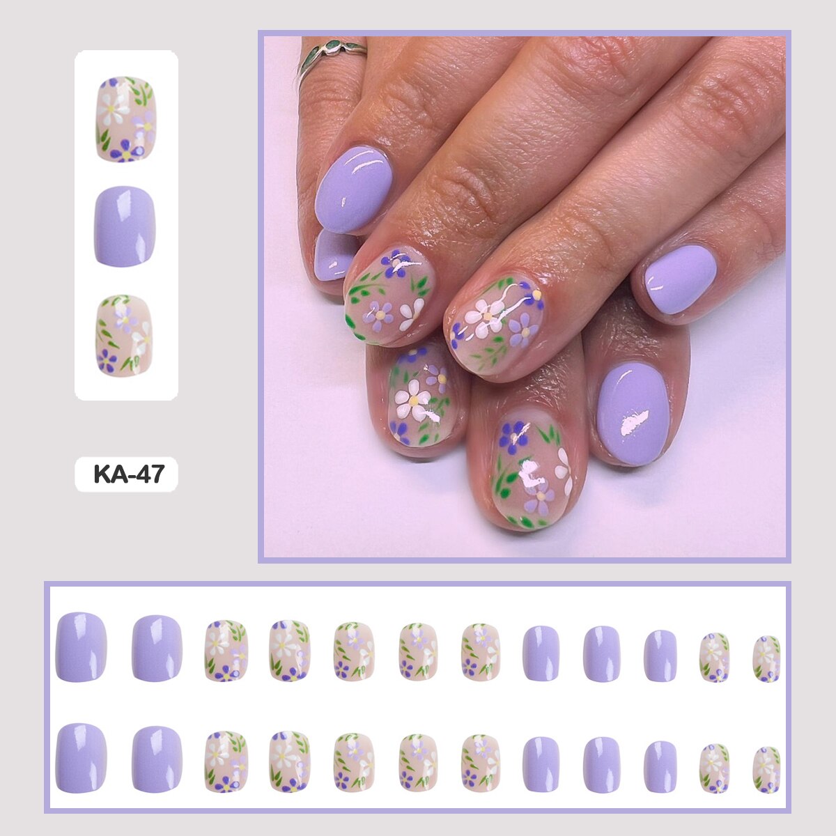 24pcs Girlish Colorful Graffiti Nail Art Fake Nails With Plants Flowers Patterns Short Press on False Nails With Wearing Tools