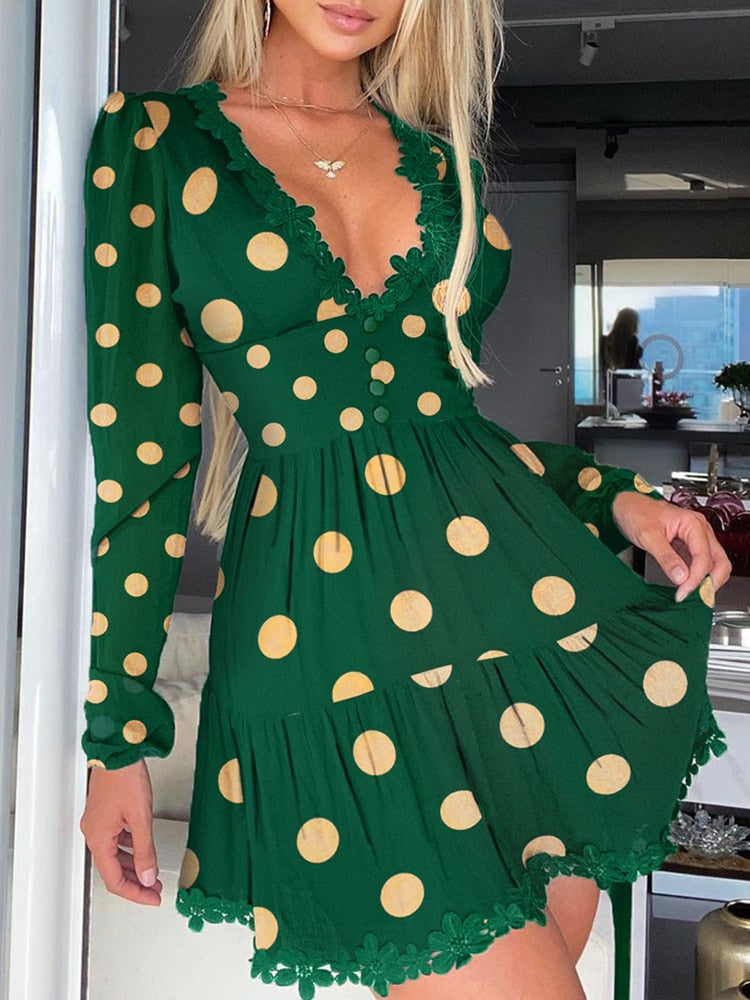 Hoobd Polka Dot Print Lace Trim Ruched Dress Women Sexy Plunge Long Sleeve Flared Mini Dress