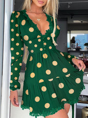 Hoobd Polka Dot Print Lace Trim Ruched Dress Women Sexy Plunge Long Sleeve Flared Mini Dress