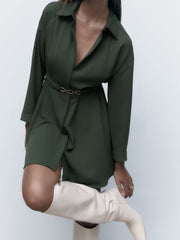 New Women Army Green With Belt Shirt Dress Long Sleeve Lapel Collar Female Autumn Dress Short Vestido