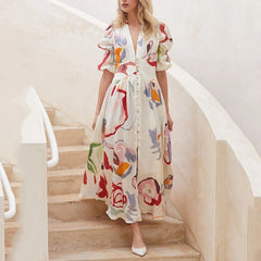 Dresses For Women 2023 Summer Sexy Print Long Maxi Dress Ladies Elegant Button Up Boho Floral Ruffles Pink Robe Vestidos