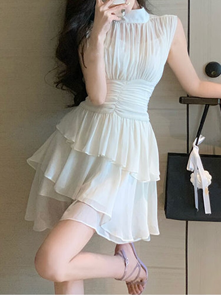 Hoobd Y2k Mini Dress Women Pure Color Casual Sleeveless Short Party Dress Korean Fashion Clothing Summer Beach Sundress Chiffon