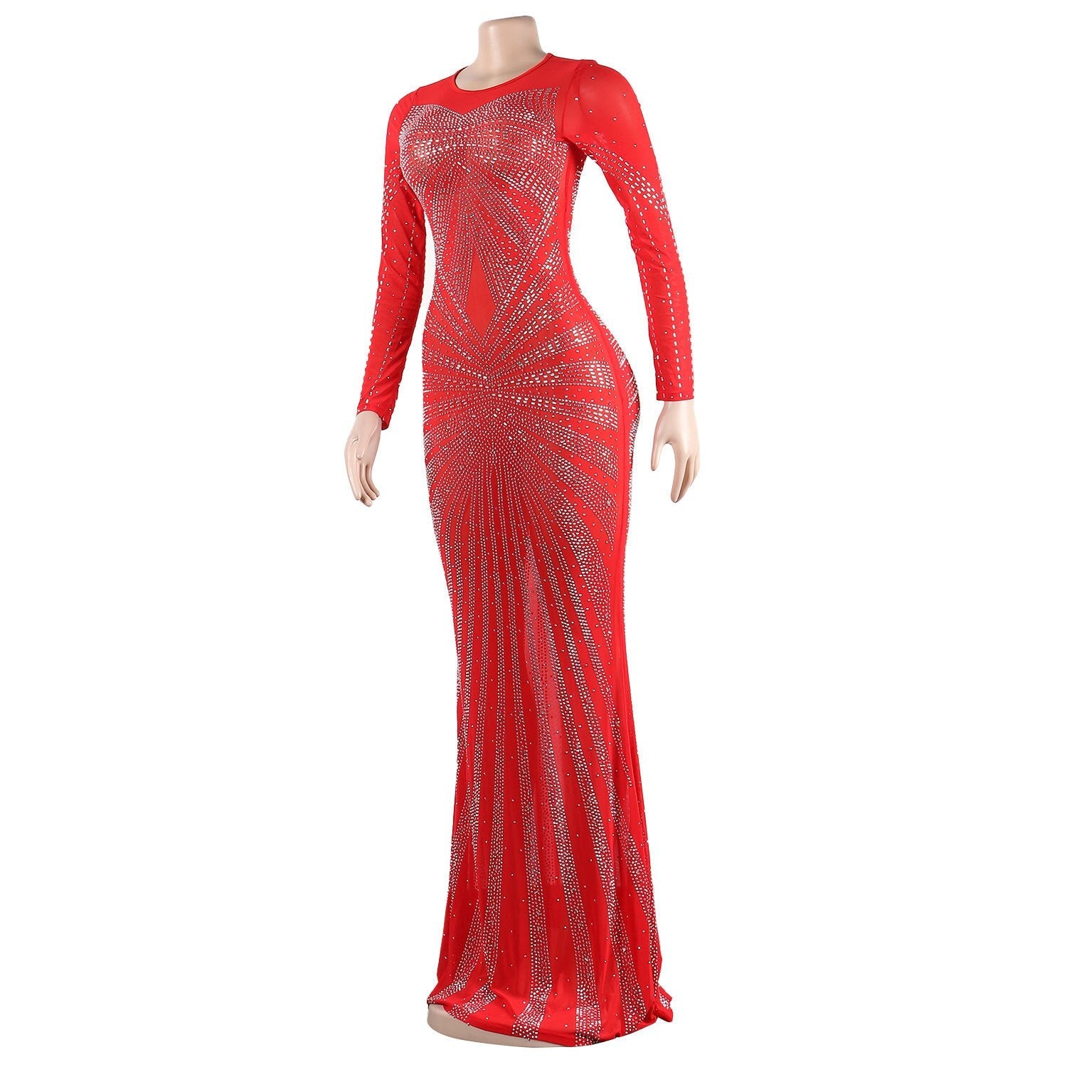 Hoobd Sexy Rhinestones Floor-length Evening Dresses Luxury Elegant Women's O-neck Long Sleeve See-through Mesh Night Club Long Dress