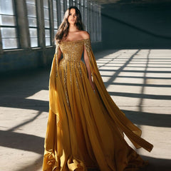 Hoobd Elegant Ginger Yellow Sequined A-line Chiffon Evening Dresses With Long Split Batwing Sleeve Boat Neck Long Evening Gowns