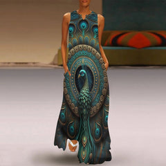 Hoobd Summer Women's Sexy Dress Elegant Dress Woman 2023 Feather Peacock Print Holiday Clothes For Women