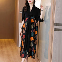 2023 Summer Silk Printed Mulberry Silk Midi Dress Fall Retro Casual 5XL Plus Size Long Sleeve Dress Elegant Women Vestidos