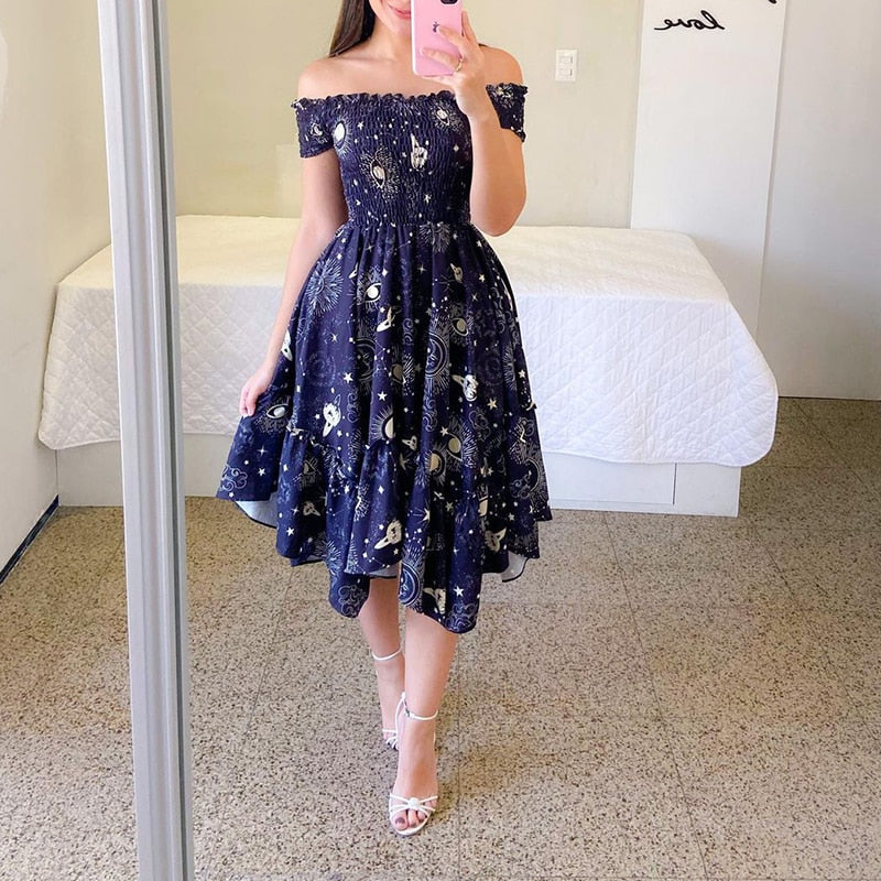 Hoobd Sexy Off The Shoulder Tube Top Dress Butterfly Rainbow Floral Print Dress Ladies Elegant Slim Summer Bohemian Party Maxi Dresses