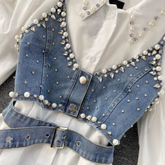 2023 New High-End White Shirt Dress Female Lapel Diamond Pearl Luxury Shirt Short Denim Vest Chic Two Piece Sets Female Fashion