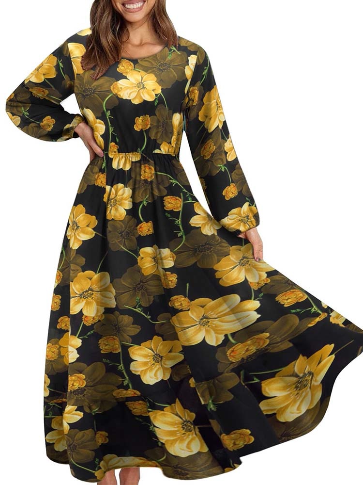 Elegant Floral Print Women Dress Spring Summer Casual O Neck Long Sleeve Chiffon A Line Long Maxi Dress Party Vestidos