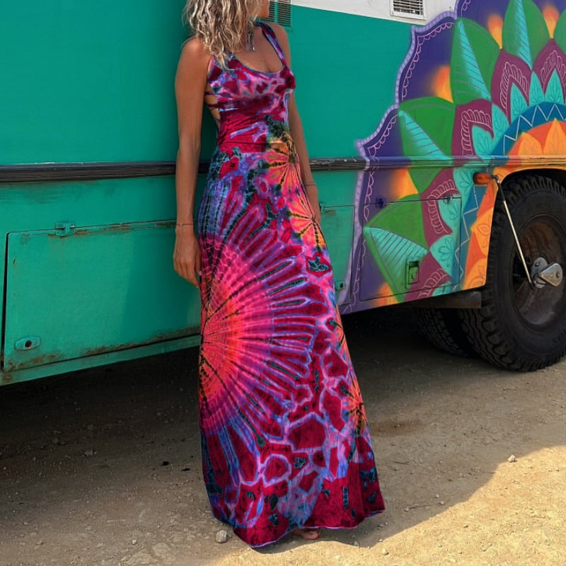 Hoobd2023 Casual Summer Women Dress DIY Wearing Tie Dyeing Printing Fashion Sleeveless Dresses Sundress Beach Style Dresses