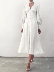 Satin Party Dress Single Breasted High Waist a Line Long Dress Deep v Neck Sexy Elegant Temperament Ol Style 2023 New Arrivals
