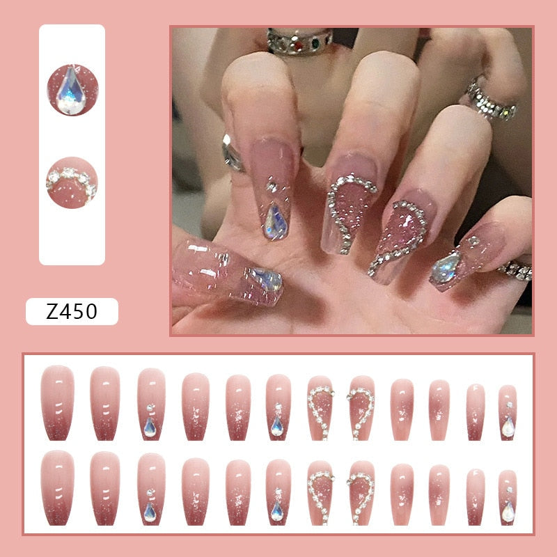 24Pcs Super Shiny False Nails 3D Drop Diamond y2k Mid-length Coffin Ballet Fake Nails Full Finished Fake Nail Patches For Girls