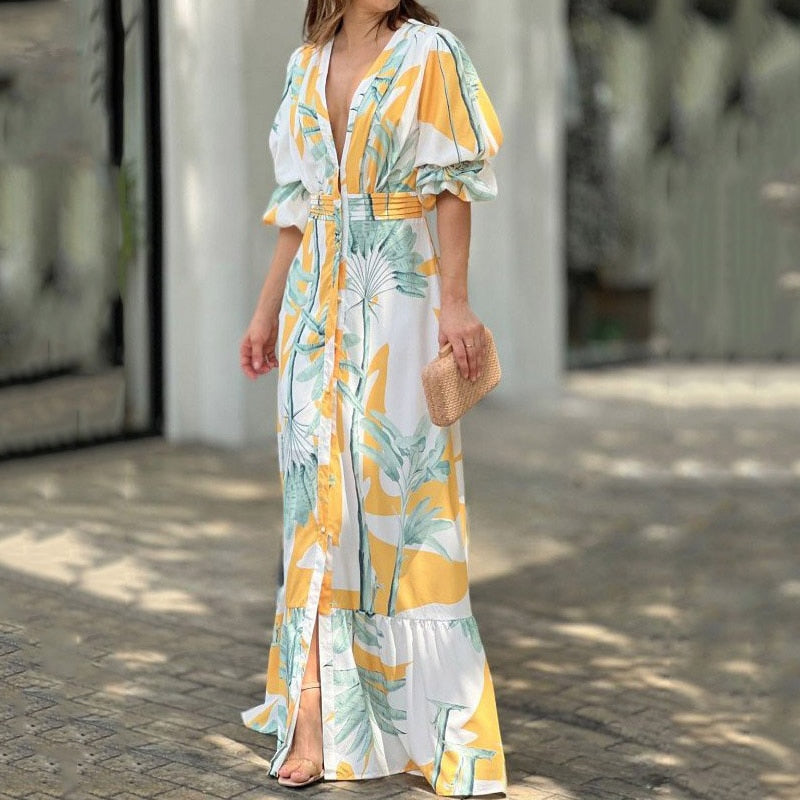 Hoobd Women Maxi Dress Summer Stylish Print Short Puff Sleeve V Neck Nipped Waist Slim Single Row Button Beach Party Dresses