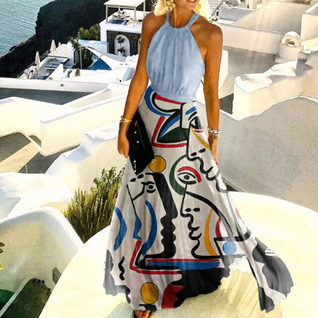 Hoobd graduation outfit ideas 90s latina aesthetic freaknik baseball game tomboy style swaggy going out classic edgy brunch cuteWomen Sexy Off Shoulder Long Dress Summer New Sleeveless Halter Pleated Maxi Party Dress Vintage Print O Neck Female Dress