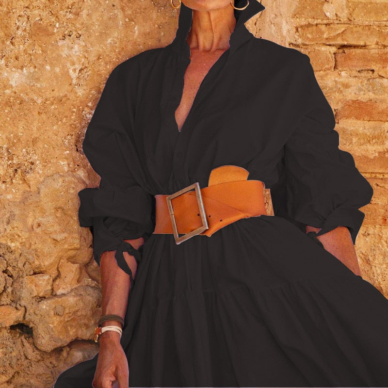Hoobd2023 Chic Solid Color Lapel Shirt Dress Women Spring Button-up Long Pullover Dress New Autumn Long Sleeve Hem Pleated Maxi Dress