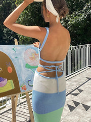 Women's Beach Knitted Maxi Dress Cover Up Holiday Party Sundress Contrast Color Crochet Long Dress Summer Outfits 2023