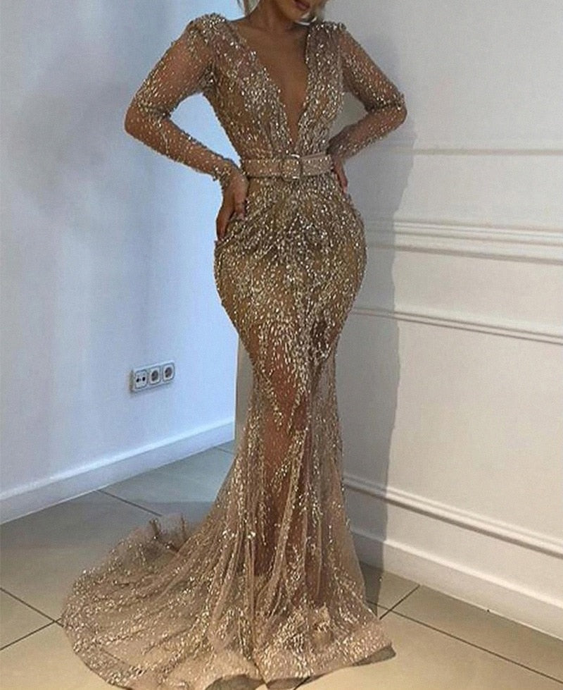 Hoobd Sexy Deep V Long Sleeve Fishtail Evening Dress