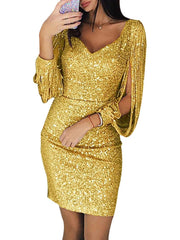 Sequined Stitching Shining Club Bodycon Long Sleeved Mini Dress
