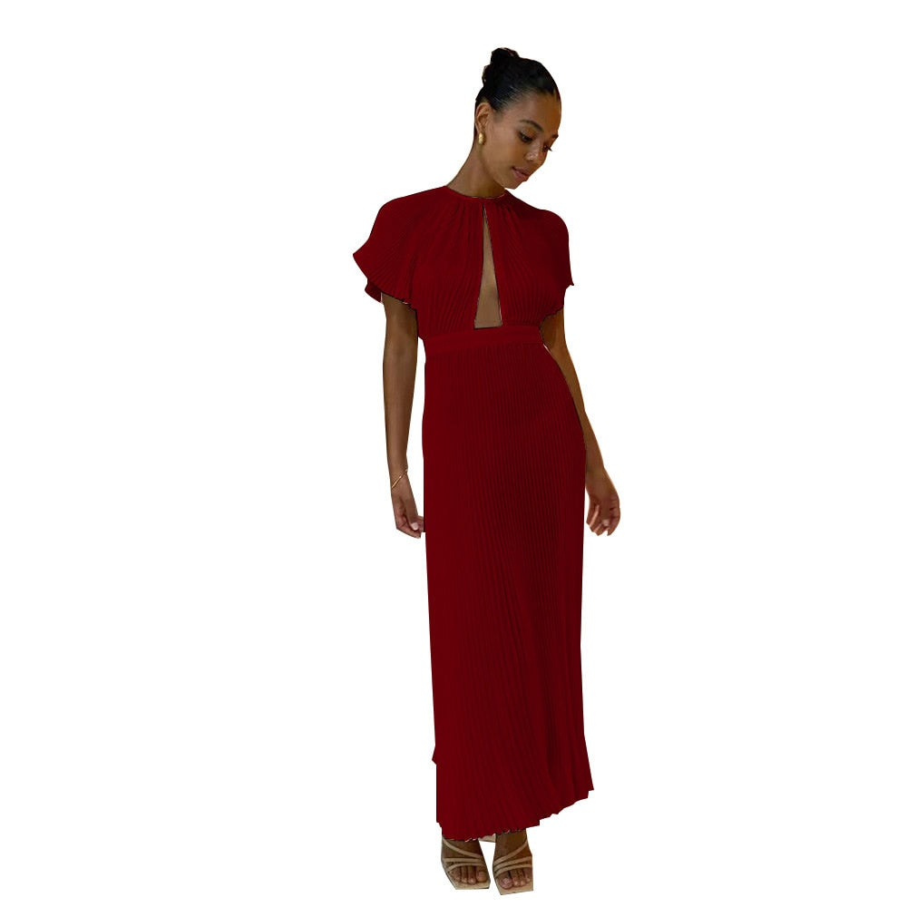 Hoobd2023 Elegant Hollow Out Pleated Dress For Women Fashion Sexy Flare Sleeve Backless A Line Dresses O Neck Office Lady Solid Robe