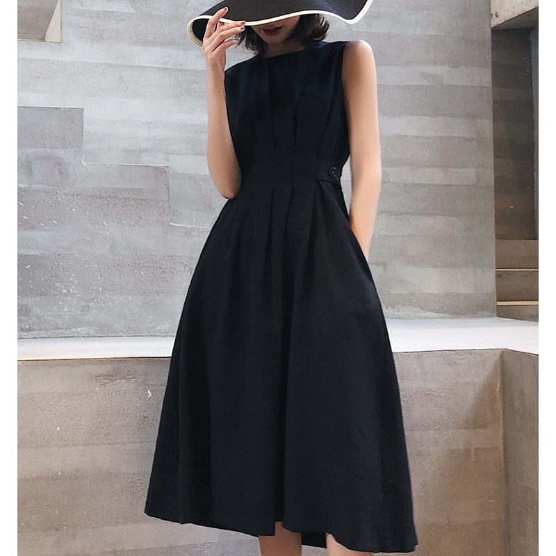 Hoobd Summer Women Solid White Black Fashion Elegant Casual Party Dress O Neck Sleeveless Tank Sundress Female Waist Retraction