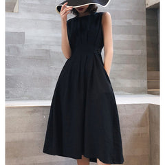 Hoobd Summer Women Solid White Black Fashion Elegant Casual Party Dress O Neck Sleeveless Tank Sundress Female Waist Retraction