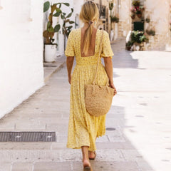 2023 Spring New Long Dress Women's V-neck Split Printing Dress Floral Elastic Waist Sexy Backless Lace-up Dress Mujer Boho Robes
