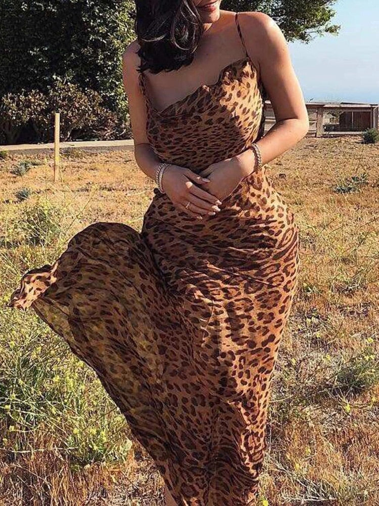 Hoobd Leopard Print V-Neck Sexy Bodycon Long Dress Women Lace Up Backless Summer Dresses Female Straps Party Beach Vestidos
