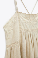 New Fashion Casual Ladies Comfortable Sweet Embroidered Linen Blend Midi Dress