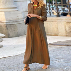 Casual Simple Drawstring Beach Robe Dress Women Turn-down Collar Solid Office Shirt Dress New Autumn Long Sleeve Loose Hem Dress