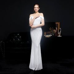 Hoobd Women Elegant Off Shoulder Luxury Evening Dress Sexy  Sequin Mermaid Dress Spaghetti Straps Silver Beading Long Party Dress New