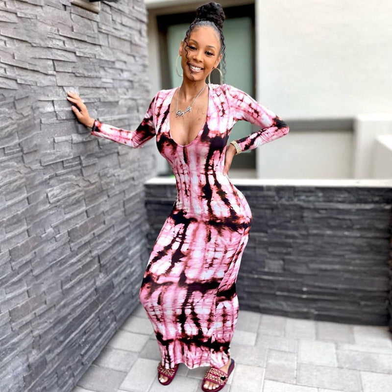 Hoobd Sexy Bandage Dress Waist Illusion Dress 2023 Women V-neck Maxi Dresses Ladies Tie-dye Wave Print Party Dresses Tight Dresses