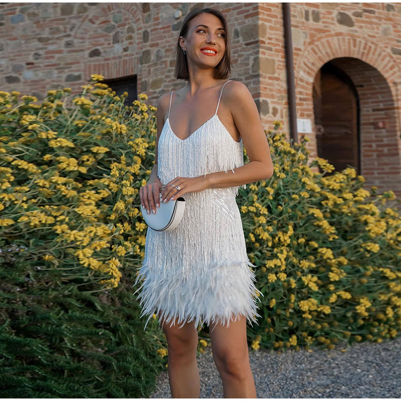 Hoobd Sequins Tassel Feather Spaghetti Strap Dress Women Fashion Sexy Stitching Mini Dresses Ladies Evening Party Club Elegant Dress