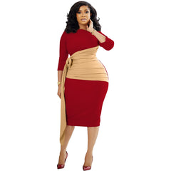 Hoobd Autumn Fashion Elegant Colorblock Lace-Up Dress Women Office Ladies OL Colorblock Slim Dress Women
