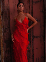 Ruffles Chiffon Maxi Dresses for Women 2023 Backlesss Split Sexy Porm Dress Red Long Summer Wedding Party Dress Elegant Luxury