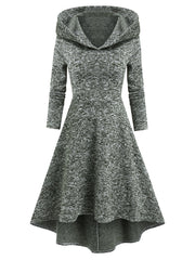 Hooded Heathered High Low Midi Knitted Dress Knit High Waist A Line Midi Irregular Vestido Feminino Autumn Winter