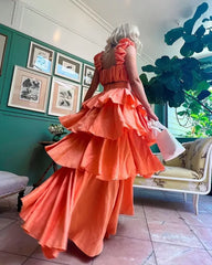 High Quality 2024 Summer Women Sexy Top and High Waist Ruffled Layer Skirts Holiday Vocation 2piece Sets