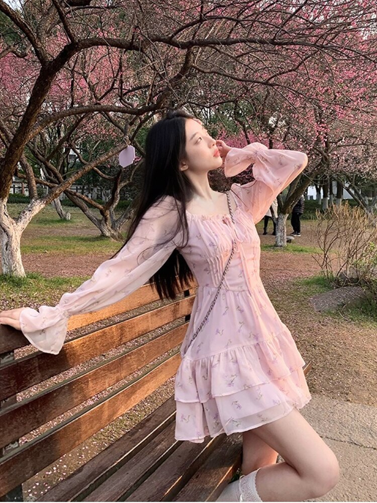 Zjkrl - 2023 Summer Pink Floral Y2k Mini Dress Woman Sweet One Piece Dress Korean Fashion Chiffon Long Sleeve Short Party Dress Beach Hoobd Zjkrl - 2023 Summer Pink Floral Y2k Mini Dress Woman Sweet One Piece Dress Korean Fashion Chiffon Long Sleeve Short Party Dress Beach Hoobd