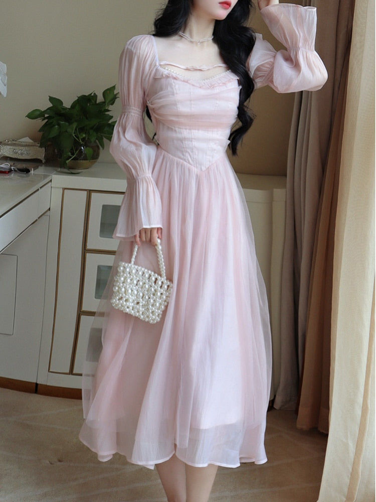 Hoobd Elegant Evening Party Midi Dress Women Bubble Sleeve French Vintage Sweet Dress Female Pink Korean Style Fairy Dress Autumn